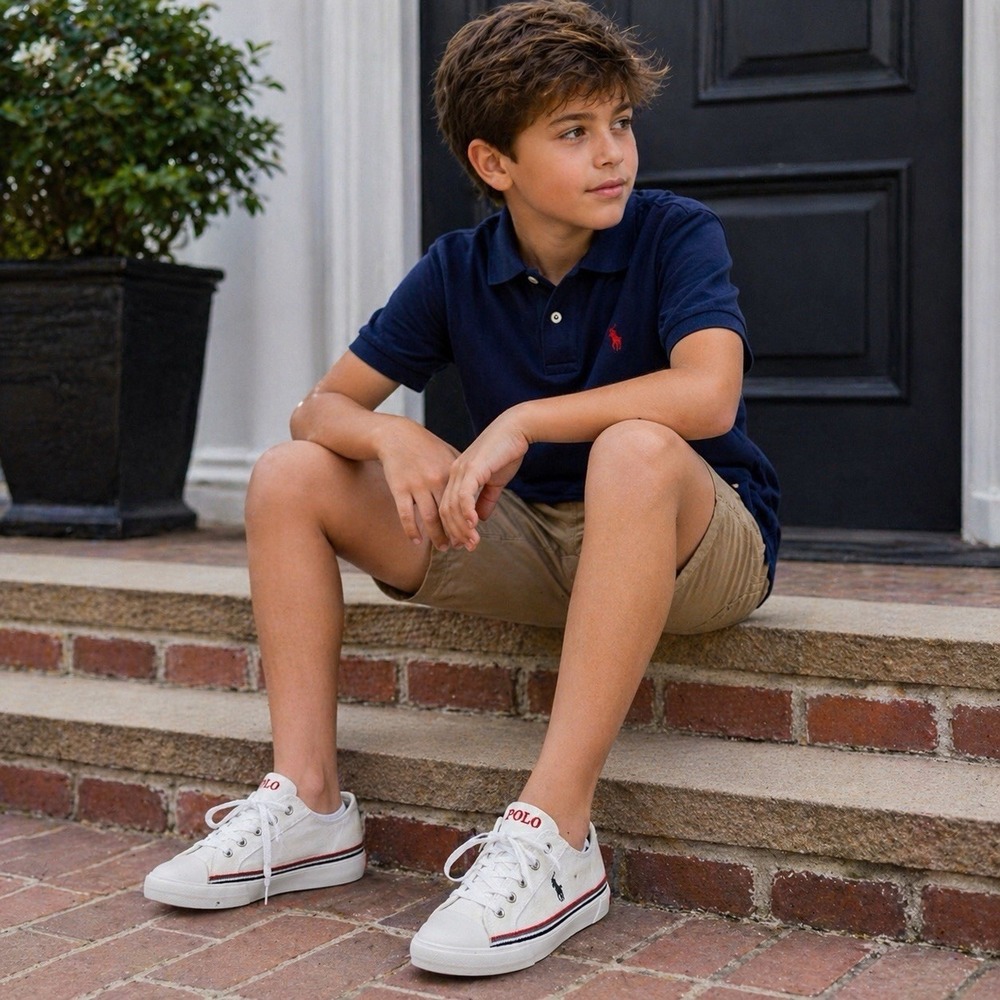 Polo Ralph Lauren Rallye Youth 6 White Canvas Sneakers Red Navy Stripe RF101509